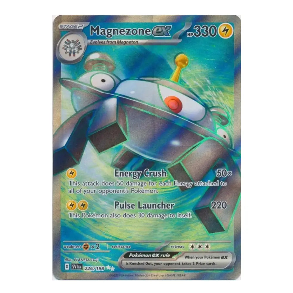 A single Pokémon trading card featuring Magnezone GX, shown against a plain white background. The card has a blue and green holographic foil finish with artwork of the Magnezone character and game text including 'Energy Crush' and 'Pulse Launcher'.