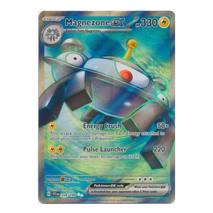 A single Pokémon trading card featuring Magnezone GX, shown against a plain white background. The card has a blue and green holographic foil finish with artwork of the Magnezone character and game text including 'Energy Crush' and 'Pulse Launcher'.