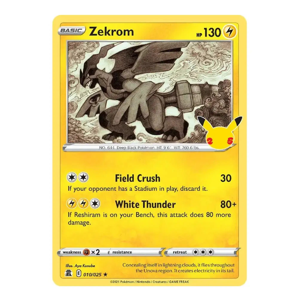 A Pokémon Zekrom trading card from the Basic set, featuring a bright yellow border, detailed illustration of the dragon, and game text including 'Field Crush' and 'White Thunder'.