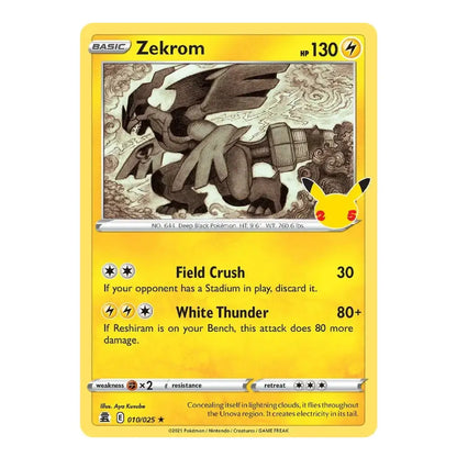 A Pokémon Zekrom trading card from the Basic set, featuring a bright yellow border, detailed illustration of the dragon, and game text including 'Field Crush' and 'White Thunder'.