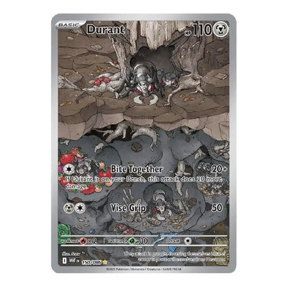 A single Pokémon trading card featuring Durant from the Horizons expansion, with a silver border and detailed fantasy artwork of a creature in a rocky cave. The card includes attack text such as 'Bite Together' and 'Vise Grip' with damage values.