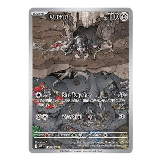 A single Pokémon trading card featuring Durant from the Horizons expansion, with a silver border and detailed fantasy artwork of a creature in a rocky cave. The card includes attack text such as 'Bite Together' and 'Vise Grip' with damage values.