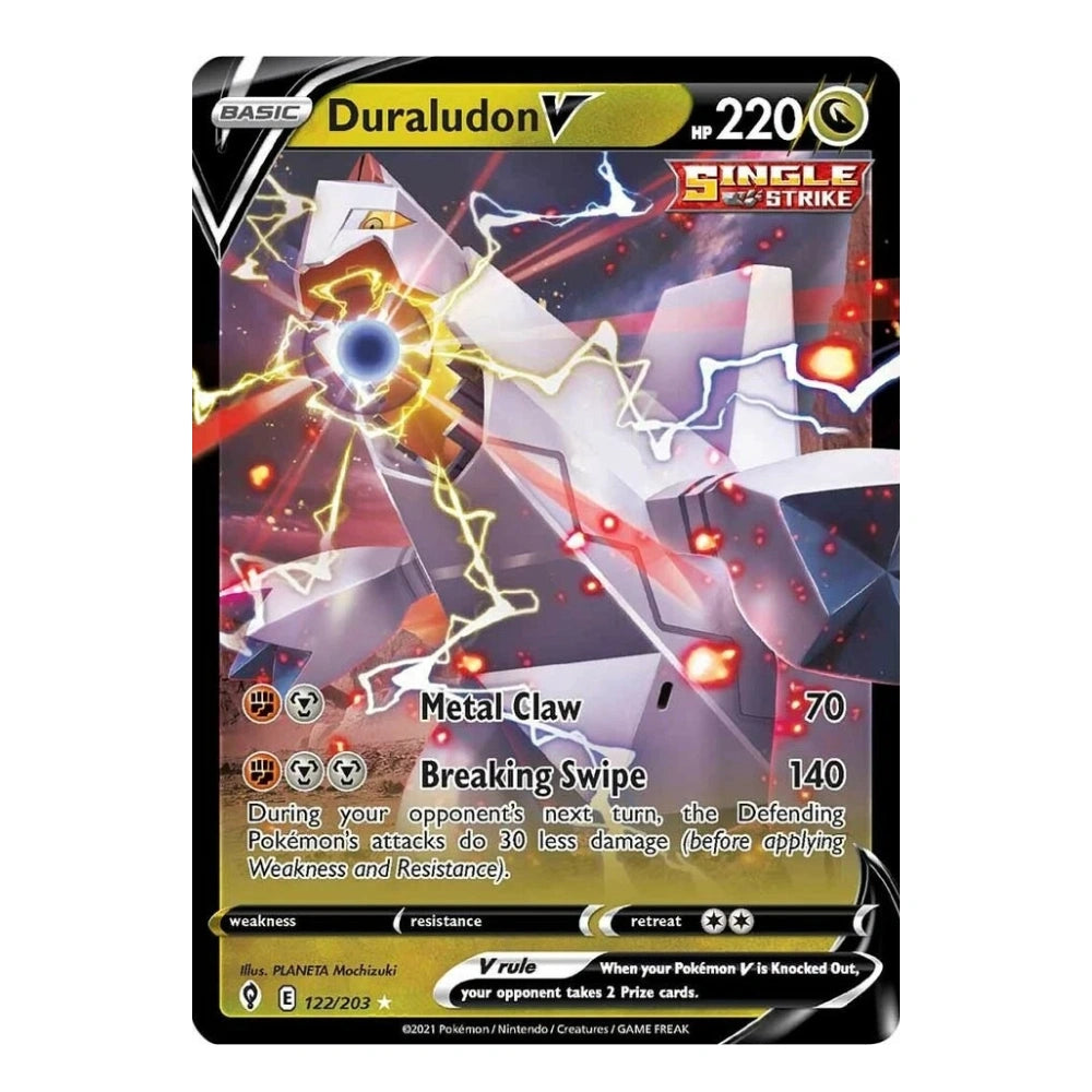 Pokémon TCG Duraludon V card with 220 HP, featuring the Steel-type Pokémon surrounded by lightning and energy effects.