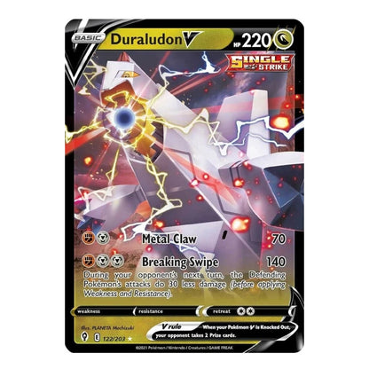 Pokémon TCG Duraludon V card with 220 HP, featuring the Steel-type Pokémon surrounded by lightning and energy effects.