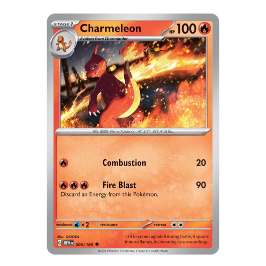 A single Pokémon trading card for Charmeleon, shown flat against a plain white background. The card has a silver border, orange and red text areas, and artwork of a fire-type creature with flames.