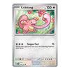 A single Pokémon trading card for Lickitung from the Basic set, shown against a plain white background. The card features a silver border, a colorful illustration of the pink creature in a green forest, and black text detailing its 'Tongue-Tied' 70 attack and other card stats.