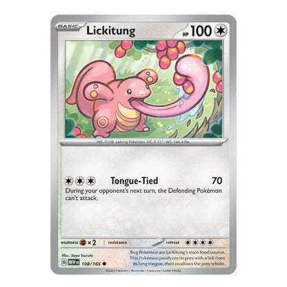 A single Pokémon trading card for Lickitung from the Basic set, shown against a plain white background. The card features a silver border, a colorful illustration of the pink creature in a green forest, and black text detailing its 'Tongue-Tied' 70 attack and other card stats.