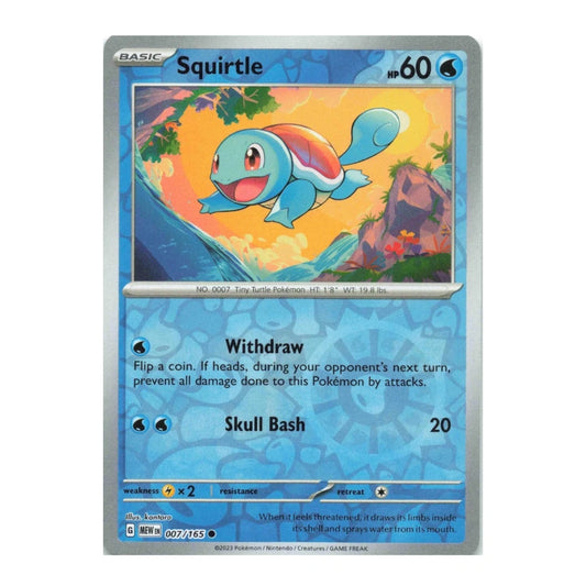 A single Pokémon trading card featuring Squirtle from the Basic set, shown against a plain white background. The card has a silver border, blue water-themed artwork, and printed text for Withdraw and Skull Bash.