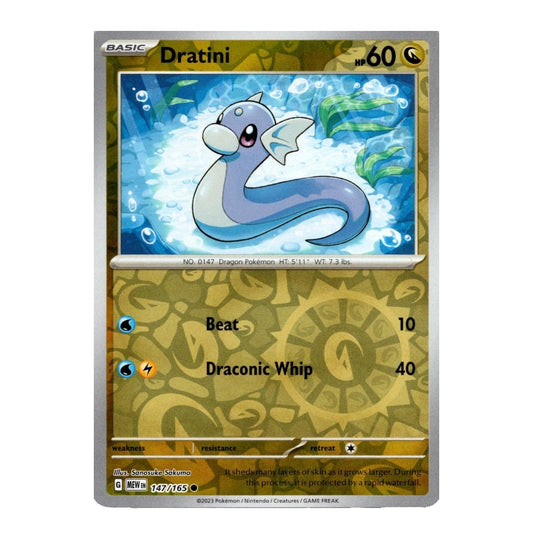 A Dratini Pokémon trading card from the Basic set, featuring a gold and brown patterned border with an illustration of the blue and white dragon on a light blue water background.