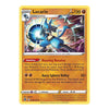 A single Pokémon trading card for Lucario, shown flat against a plain white background. The card has a yellow border, a colorful illustration of Lucario in the center, and text detailing its abilities and stats.