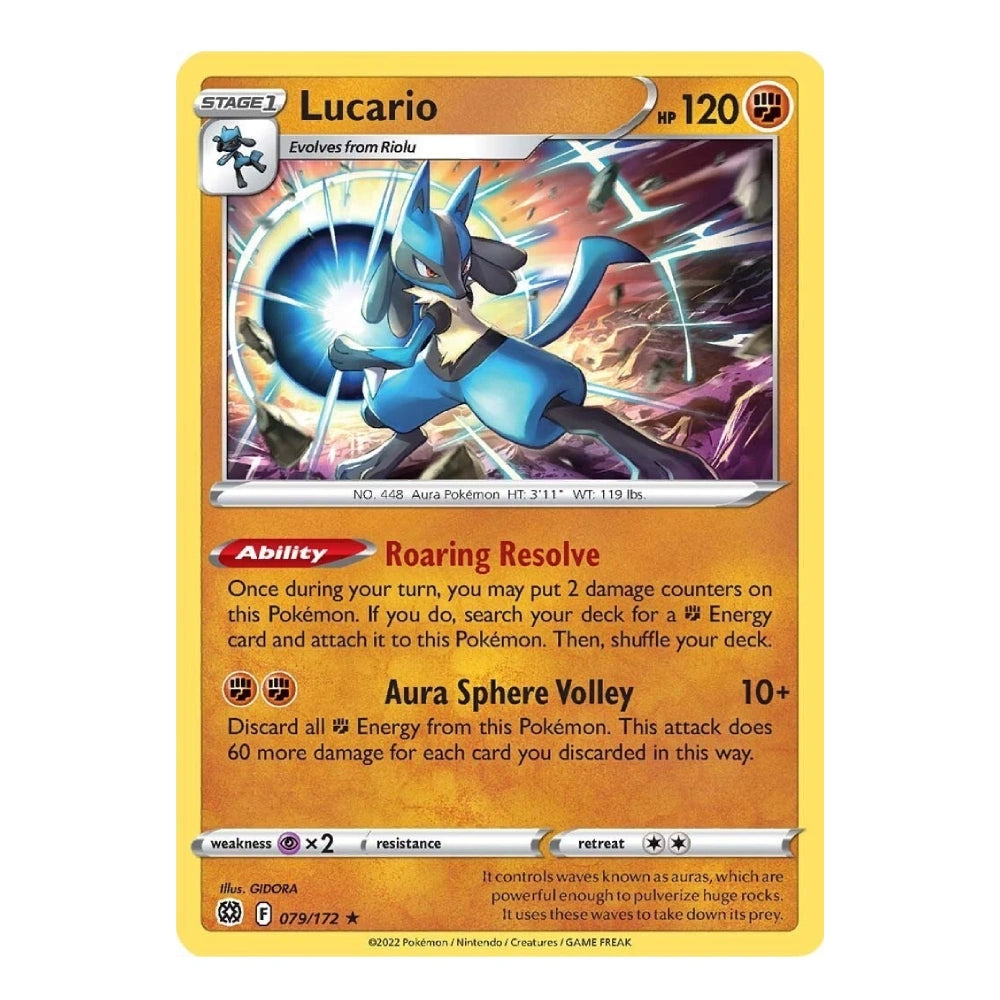 A single Pokémon trading card for Lucario, shown flat against a plain white background. The card has a yellow border, a colorful illustration of Lucario in the center, and text detailing its abilities and stats.