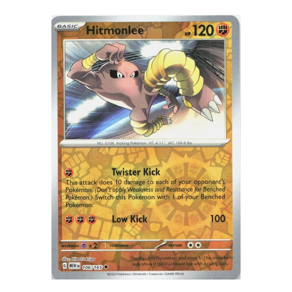 A single Pokémon trading card for Hitmonlee from the Basic set, shown against a plain white background. The card features Hitmonlee artwork, attack text, HP 120, and a silver holographic border.
