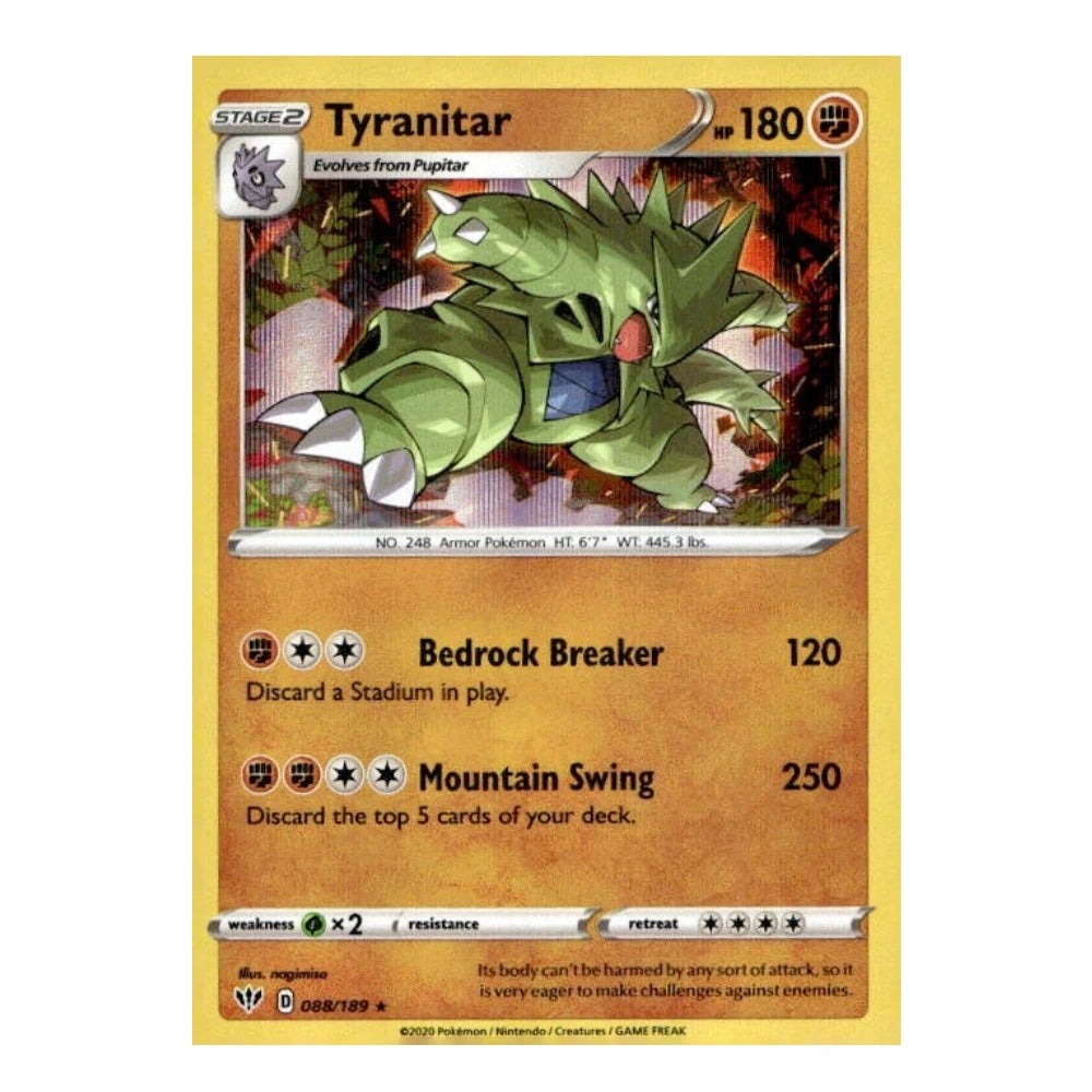 A single Pokémon trading card for the character Tyranitar, shown against a plain white background. The card has a yellow border, green artwork of the creature, and black text including the name Tyranitar, stage indicator, HP 180, and move text Bedrock Breaker and Mountain Swing.
