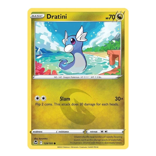 A Dratini Pokémon trading card from the Basic set, featuring a yellow border, Dratini artwork in a blue water scene, and attack text reading 'Slam 30x'.