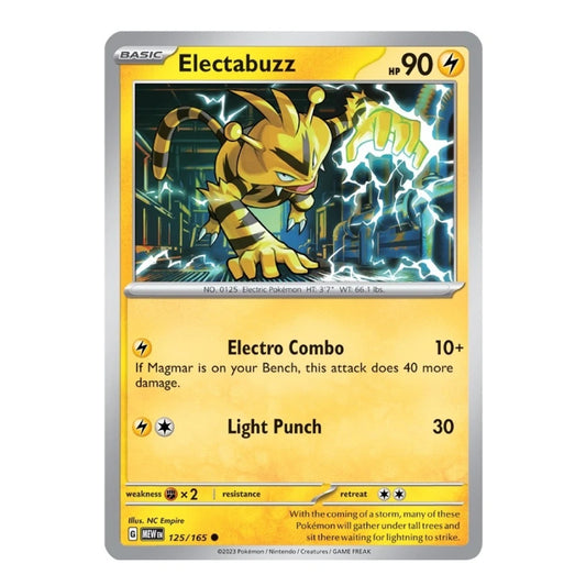 A single Pokémon trading card for Electabuzz from the Basic set, shown against a plain white background. The card features Electabuzz artwork with yellow, black, and blue lightning colors, and a yellow text area with attack text including 'Electro Combo' and 'Light Punch'.