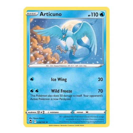 A single Pokémon trading card for Articuno from the Basic set, shown against a plain white background. The card has a yellow border, blue artwork of the bird, and text including 'Articuno', 'Ice Wing', and 'Wild Freeze'.