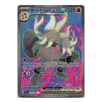 Annihilape ex Pokémon card with holographic full-art design, featuring 320 HP and vibrant blue and pink background.