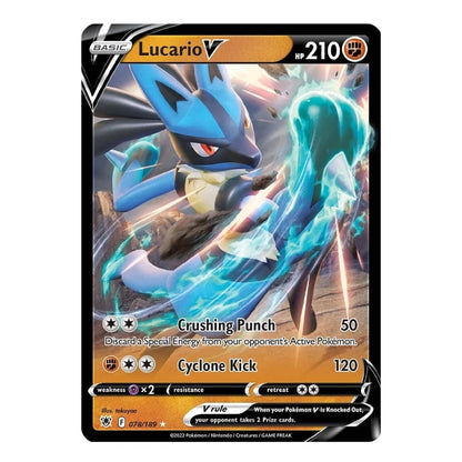 A single Pokémon trading card featuring Lucario, a blue and white electric-type Pokémon, with the card design including a black border, orange health points, and printed attack text and level 210 at the top right.