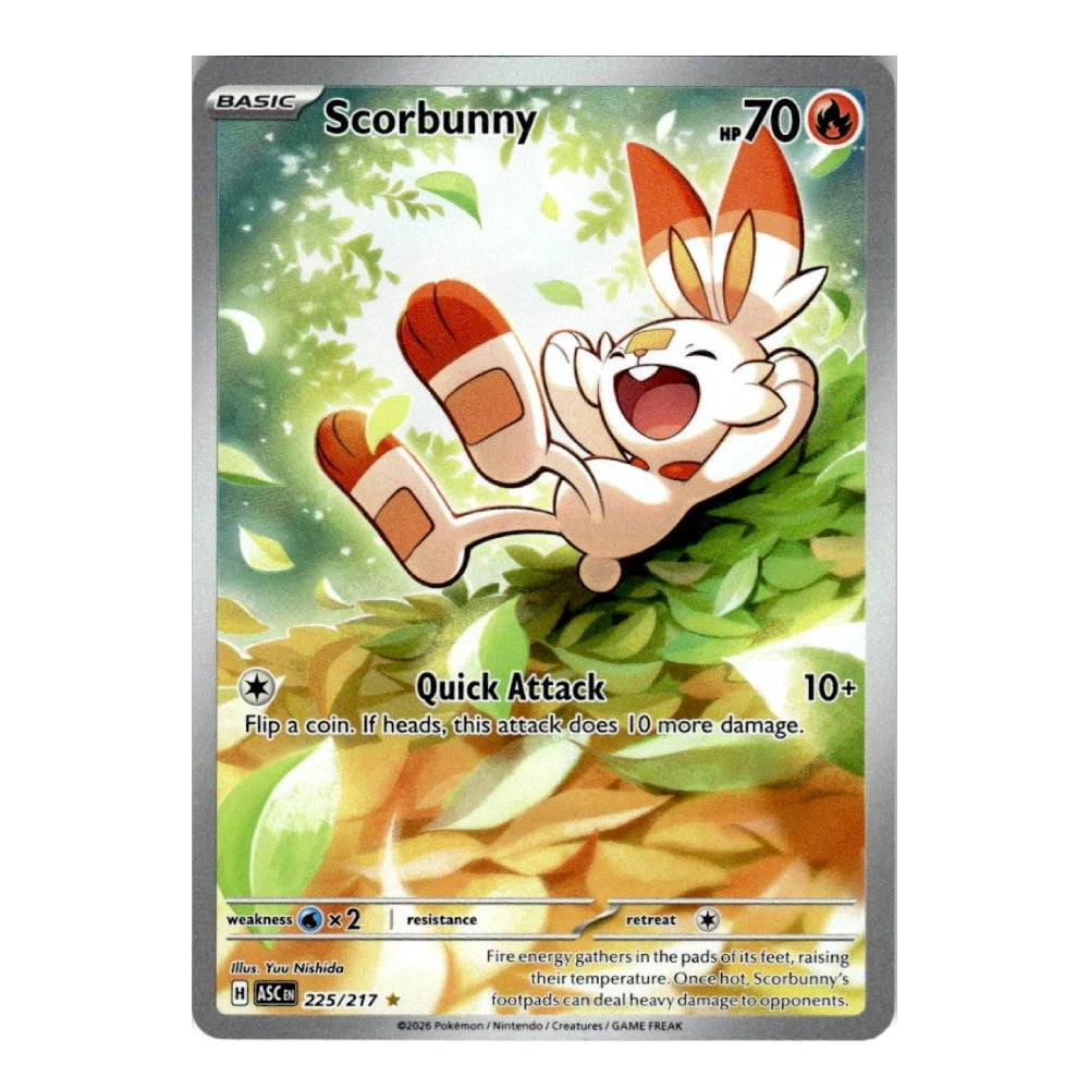 A single Pokémon trading card for Scorbunny, shown against a plain white background. The card features artwork of the character leaping through green leaves, with the name Scorbunny at the top and game text including Quick Attack and 10+ visible on the card face.