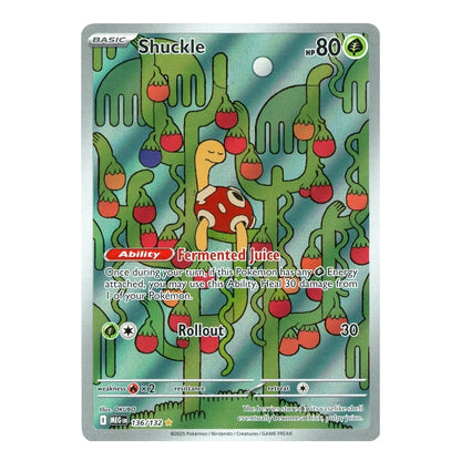 A Pokémon trading card featuring Shuckle from the Basic set, with a green and teal vine background, red berries, and a small beige creature in the center.