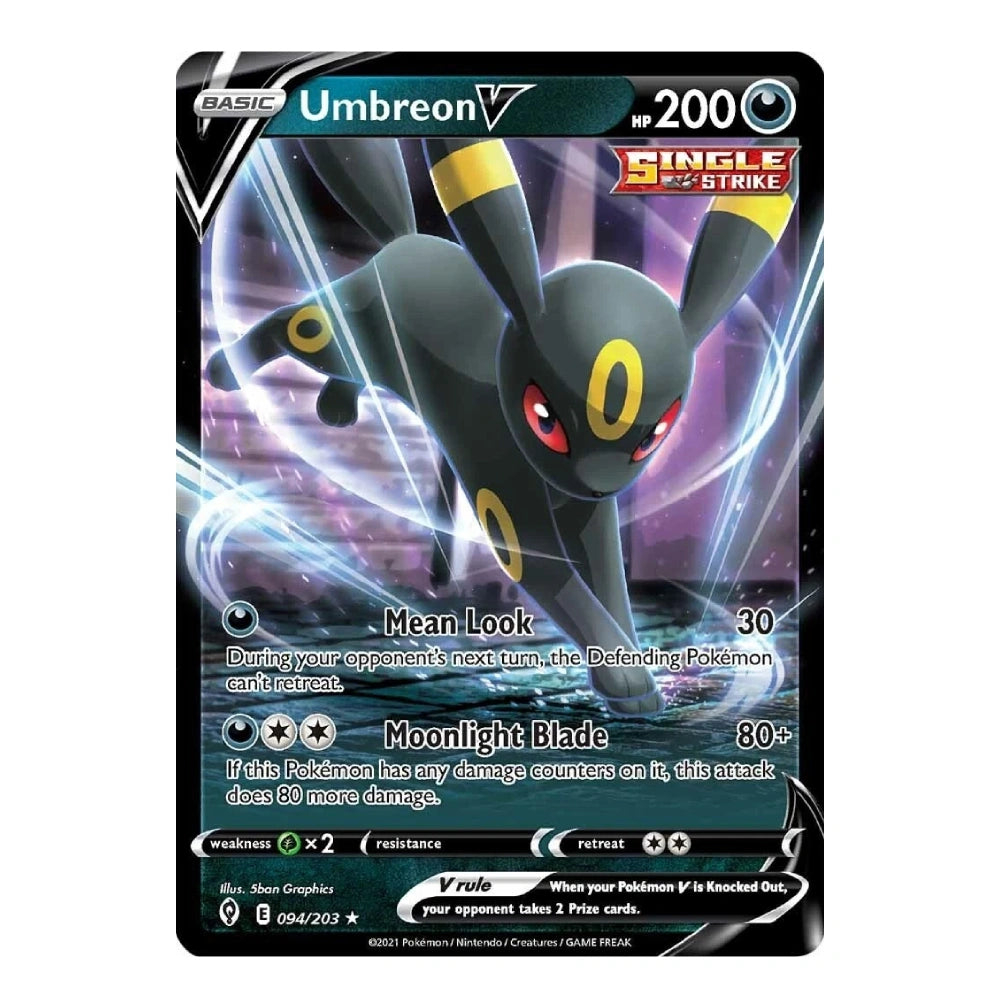 A single Pokémon trading card featuring Umbreon, a dark gray feline Pokémon with yellow accents and red eyes. The card has a black border, blue and purple energy effects in the artwork, and text including 'BASIC', 'Umbreon V', 'HP 200', and 'Single Strike'.