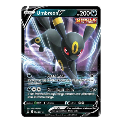 A single Pokémon trading card featuring Umbreon, a dark gray feline Pokémon with yellow accents and red eyes. The card has a black border, blue and purple energy effects in the artwork, and text including 'BASIC', 'Umbreon V', 'HP 200', and 'Single Strike'.