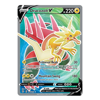 A single Pokémon trading card for Dracozolt V, shown flat against a plain white background. The card features artwork of a yellow dragon with red spikes, a green-to-blue swirling background, and standard trading card text and stats.