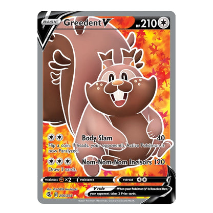 A single Pokémon trading card featuring the Greedant V character, shown against a plain white background. The card has a gray border with orange and red fiery artwork behind a brown cartoon creature.