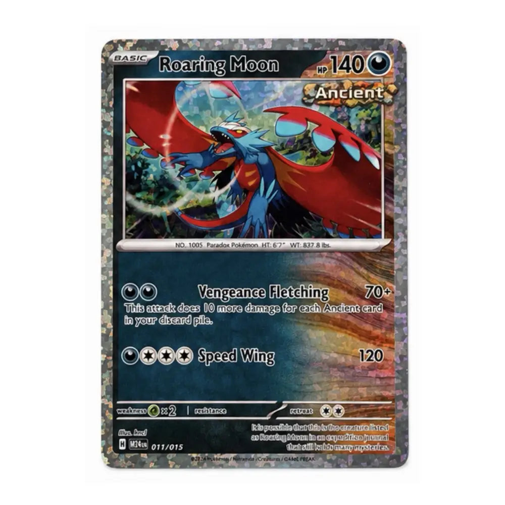 A single Pokémon trading card for Roaring Moon, shown flat against a plain white background. The card features artwork of a blue dragon with red wings, and visible text including 'BASIC', 'Roaring Moon', 'Ancient', 'HP 140', and move names and costs.