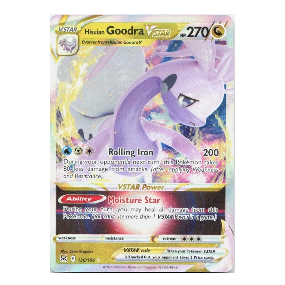A holographic Pokémon trading card featuring Hisuian Goodra VSTAR, with a purple dragon illustration and VSTAR Power ability text, shown on a plain white background.