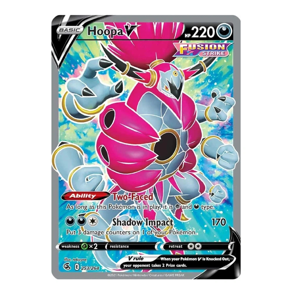 A single Pokémon trading card featuring Hoopa V from the Fusion Strike expansion, shown against a plain white background. The card has a silver border and displays a colorful illustration of Hoopa V in bright pink, blue, and gray tones.