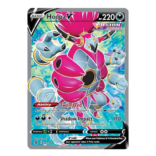 A single Pokémon trading card featuring Hoopa V from the Fusion Strike expansion, shown against a plain white background. The card has a silver border and displays a colorful illustration of Hoopa V in bright pink, blue, and gray tones.