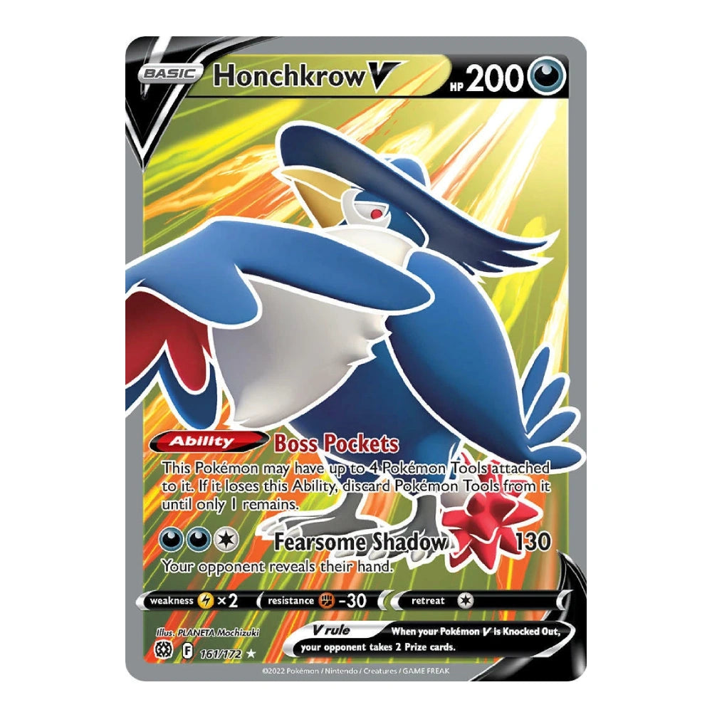 A single Pokémon trading card featuring Honchkrow V, shown against a plain white background. The card has a dark gray border and displays the character artwork, stats, and trading card text.