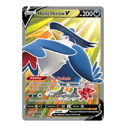 A single Pokémon trading card featuring Honchkrow V, shown against a plain white background. The card has a dark gray border and displays the character artwork, stats, and trading card text.