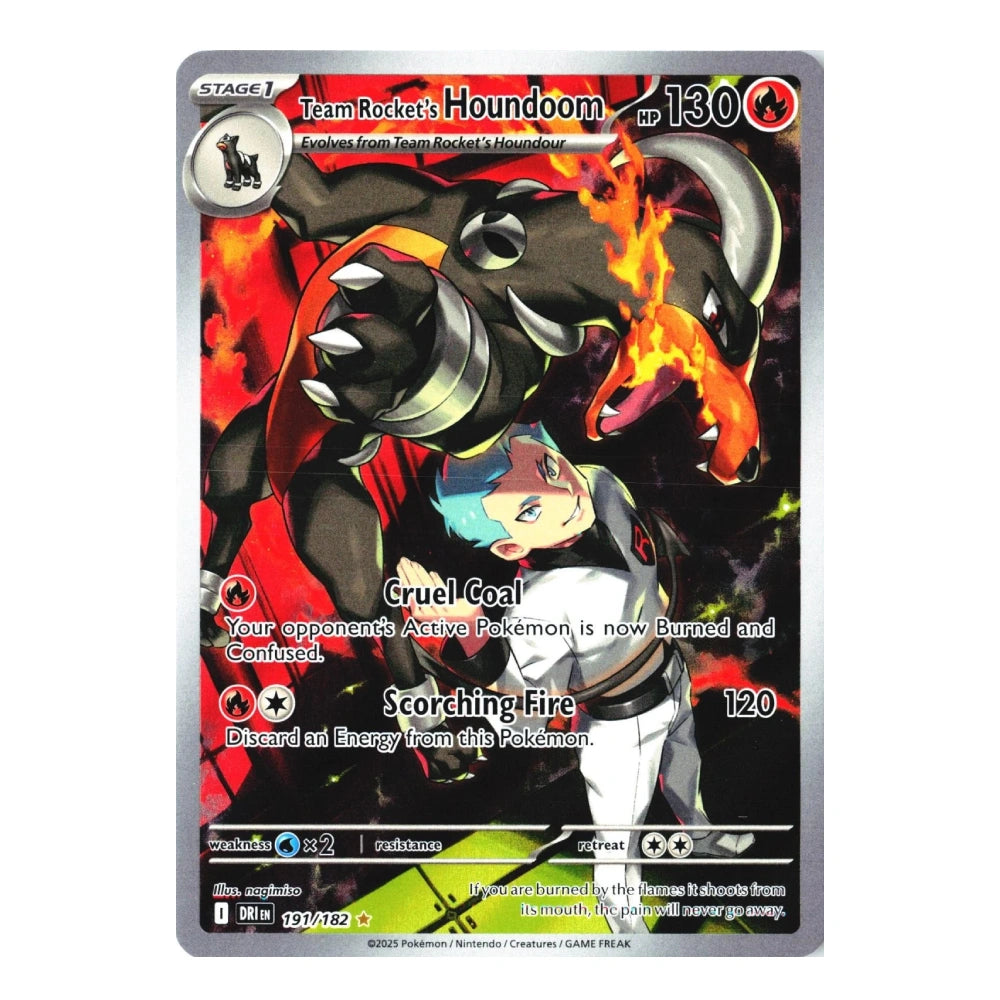 A holographic Pokémon TCG card for Team Rocket's Houndoom, featuring artwork of the fire-breathing Pokémon with a character in the foreground, set against a plain white background.