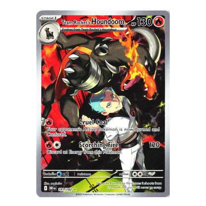 A holographic Pokémon TCG card for Team Rocket's Houndoom, featuring artwork of the fire-breathing Pokémon with a character in the foreground, set against a plain white background.