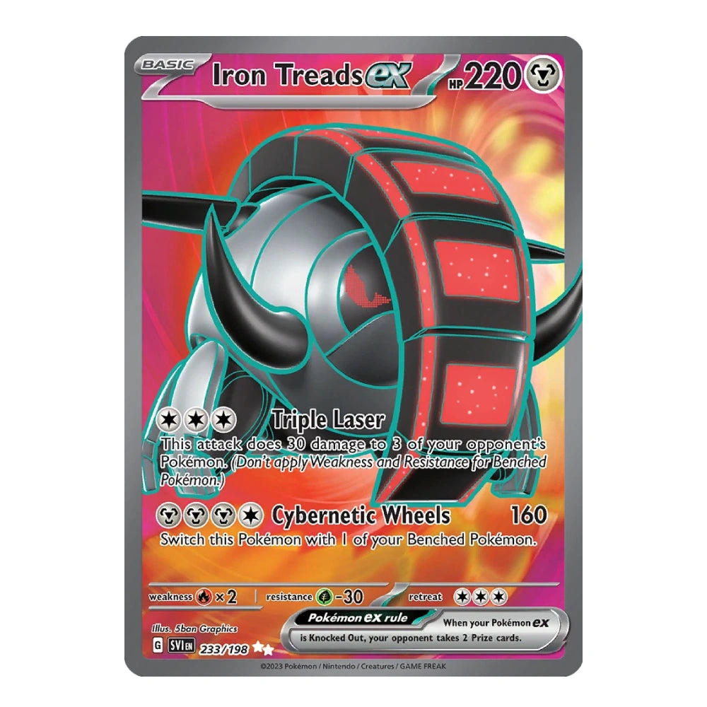 A single Pokémon trading card for Iron Treads EX, shown front-facing on a plain white background. The card has a gray border and features a red, black, and teal illustrated vehicle-like character with pink-to-yellow gradient background graphics on the card face.