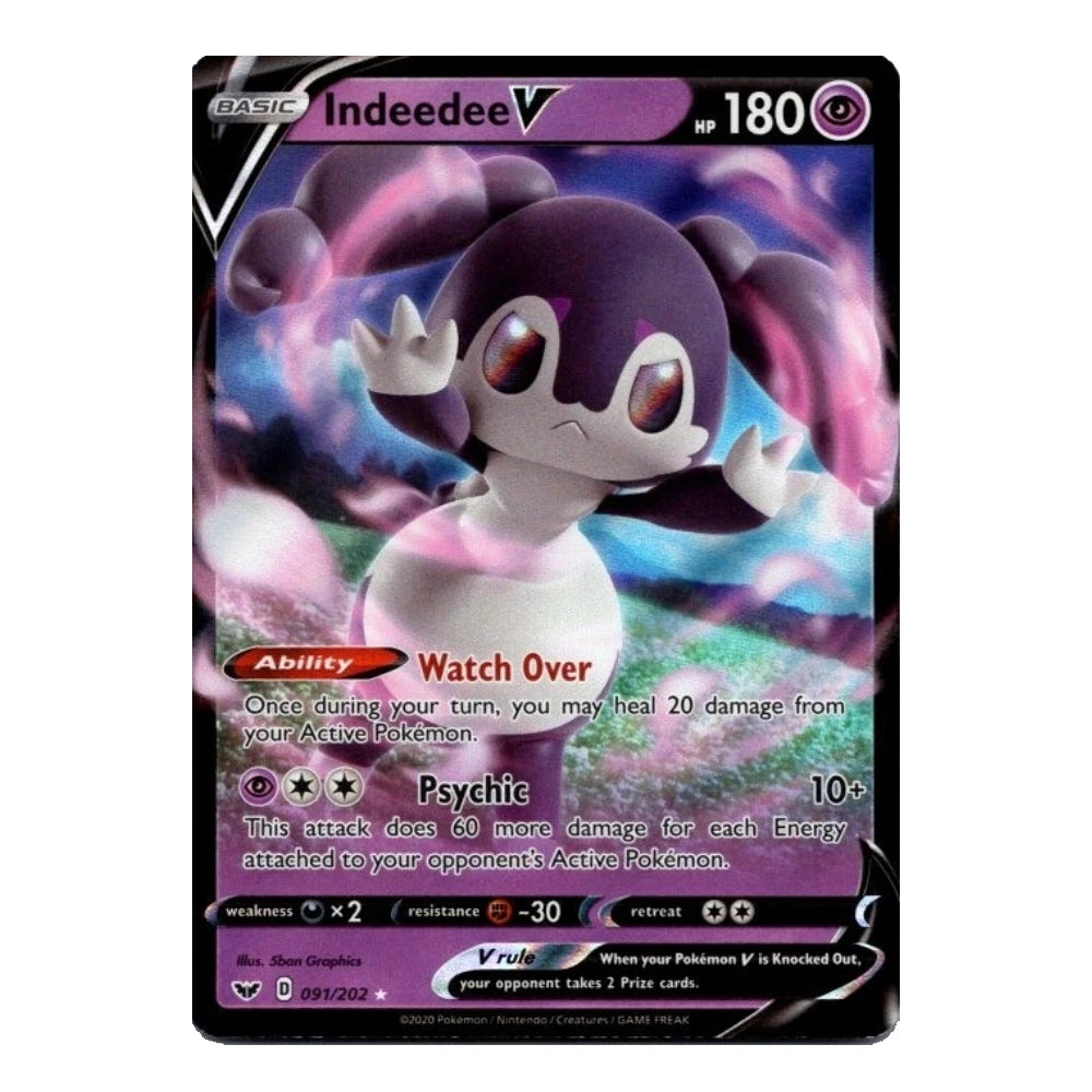 A single Pokémon trading card featuring the character Indeedee V, with a black border, purple and pink artwork, and visible card text including HP 180 and the V move.