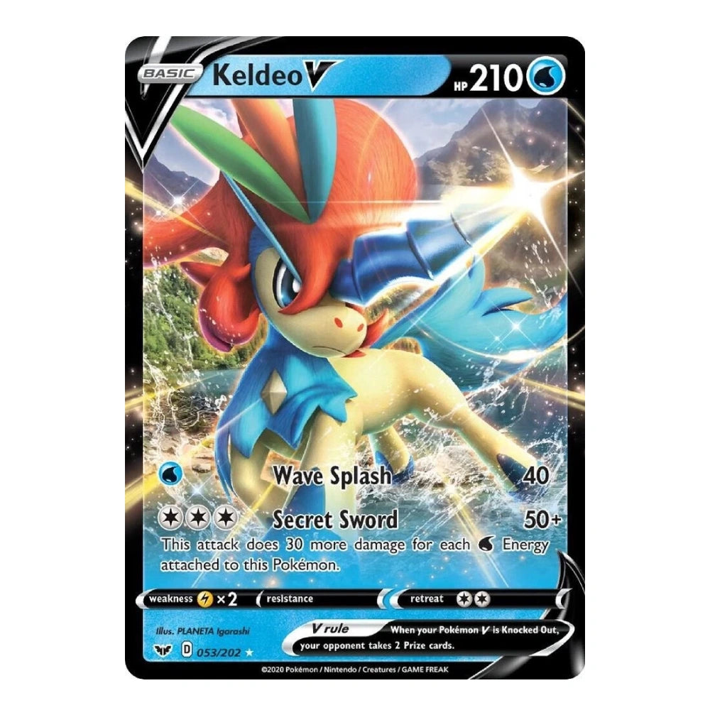 A single Pokémon trading card featuring Keldeo V, shown against a plain white background. The card has a black border with blue and white design elements and a large illustrated character in red, blue, and cream tones.