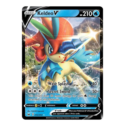 A single Pokémon trading card featuring Keldeo V, shown against a plain white background. The card has a black border with blue and white design elements and a large illustrated character in red, blue, and cream tones.
