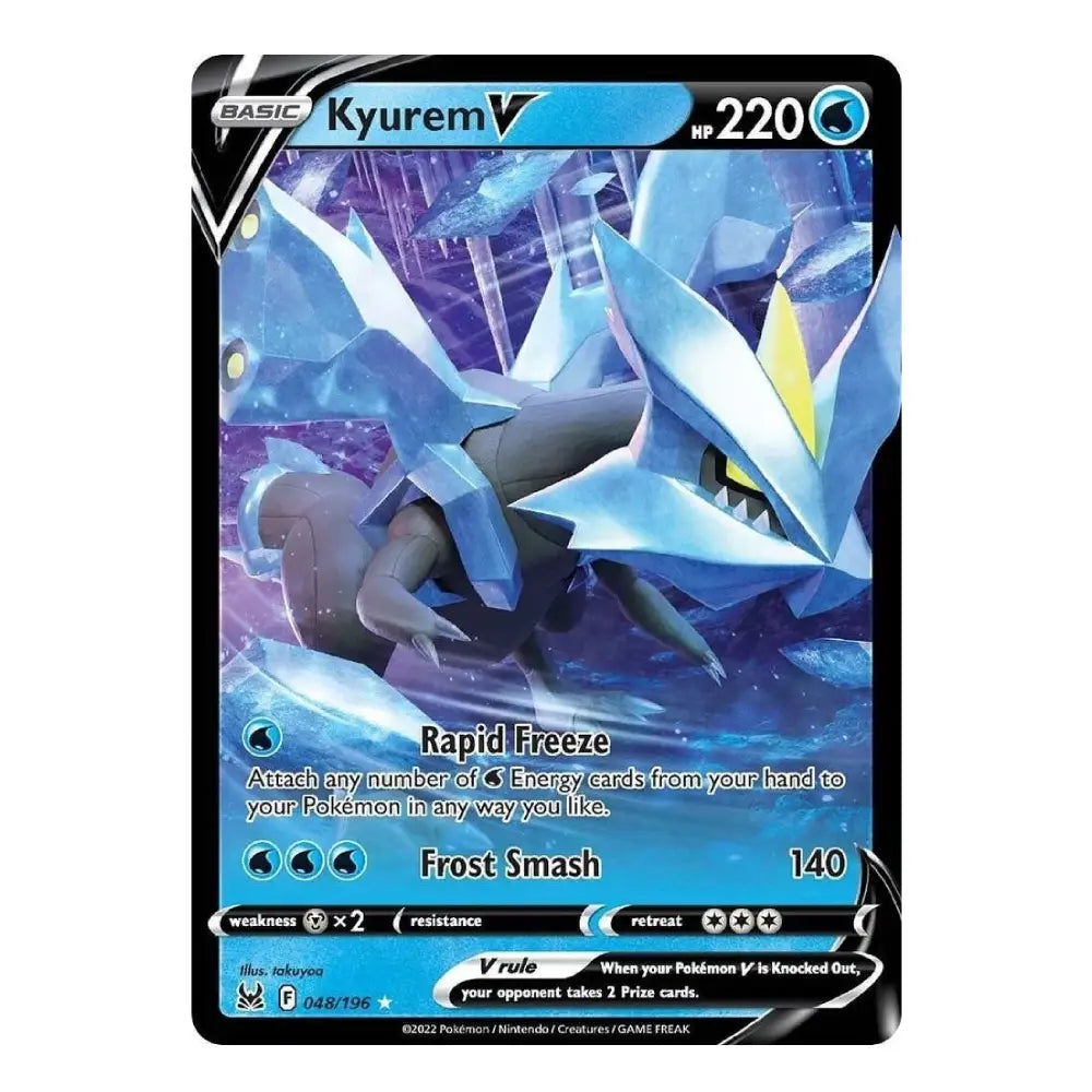 A single Pokémon trading card featuring Kyurem from the Basic set, with artwork of the icy blue creature on a black card border and text including Rapid Freeze and Frost Smash.