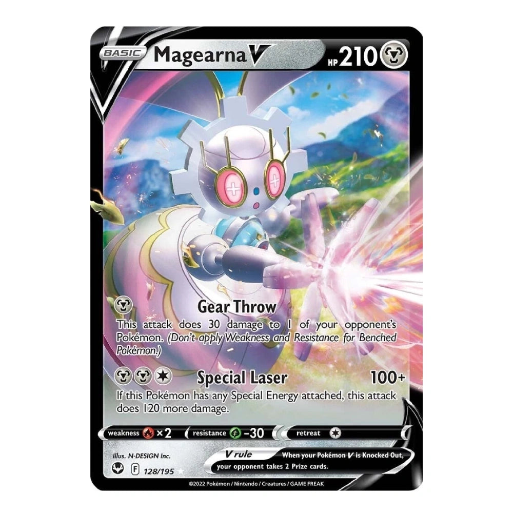 A Magic: The Gathering trading card of Magearna V, a Psychic-type Pokémon. The card features artwork of Magearna casting 'Gear Throw' with pink energy, set against a colorful landscape.