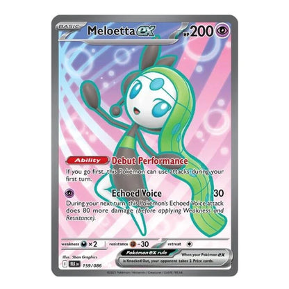 A single Pokémon trading card featuring Meloetta EX from the Platinum Holo TCG Edition. The card has a silver border, a pink and blue gradient background, and an illustration of Meloetta with green and blue accents.