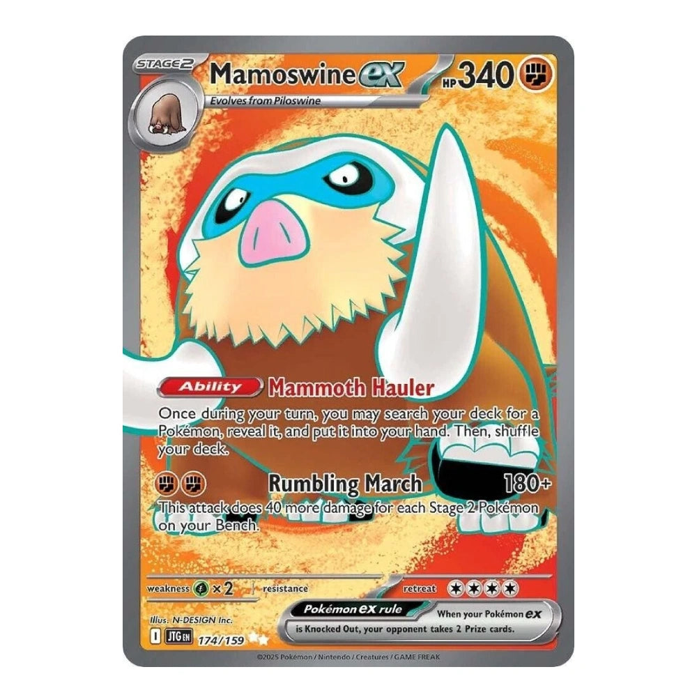A single Pokémon trading card for Mamoswine EX, shown flat against a plain white background. The card features a large illustrated Mamoswine with blue, cream, and pink tones on an orange background, with game text and stats printed in black, red, and white.
