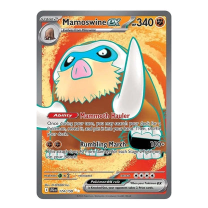 A single Pokémon trading card for Mamoswine EX, shown flat against a plain white background. The card features a large illustrated Mamoswine with blue, cream, and pink tones on an orange background, with game text and stats printed in black, red, and white.