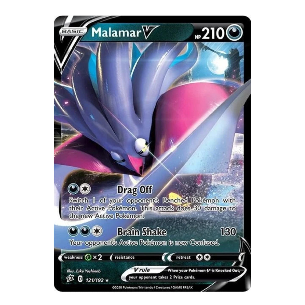 A single Pokémon trading card for Malamar V, shown against a plain white background. The card features artwork of the character in blue, purple, and pink tones, with black border framing and visible text including 'BASIC', 'Malamar V', and '210'.