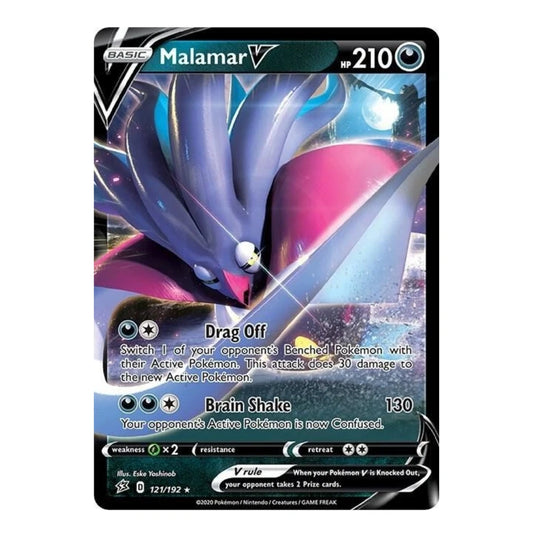 A single Pokémon trading card for Malamar V, shown against a plain white background. The card features artwork of the character in blue, purple, and pink tones, with black border framing and visible text including 'BASIC', 'Malamar V', and '210'.