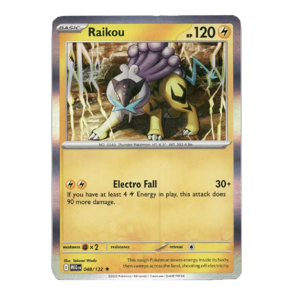 A single Pokémon trading card for Raikou from the Basic set, shown against a plain white background. The card features a gold and yellow color scheme with holographic silver borders and artwork of a purple-and-yellow electric bird.