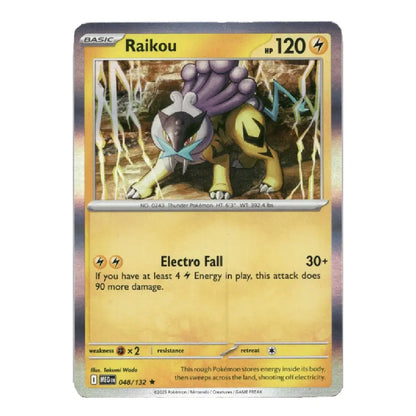 A single Pokémon trading card for Raikou from the Basic set, shown against a plain white background. The card features a gold and yellow color scheme with holographic silver borders and artwork of a purple-and-yellow electric bird.