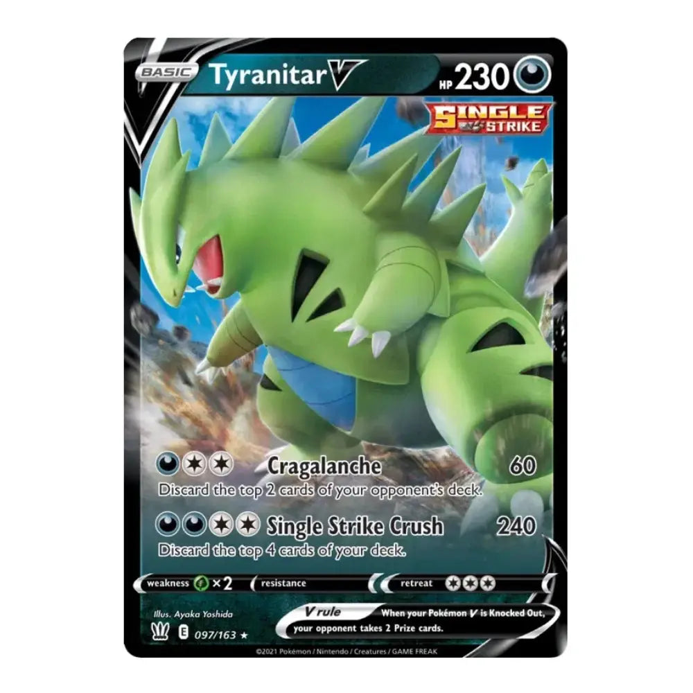 A single Pokémon trading card for Tyranitar V, shown against a plain white background. The card features a green creature illustration, black border, and printed stats including HP 230 and the Single Strike Crush ability.